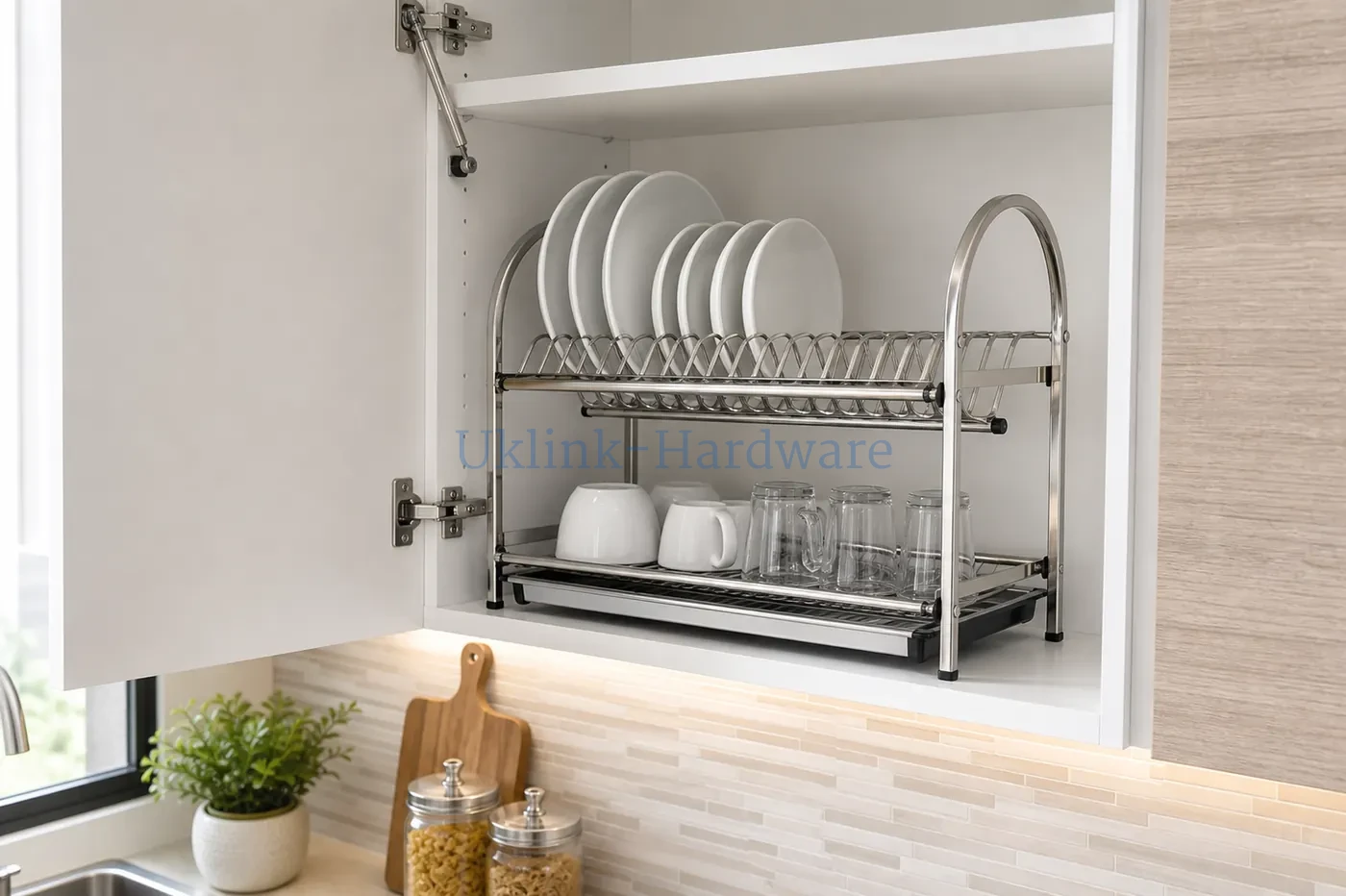 Two tier stainless steel dish rack installed inside kitchen cabinet