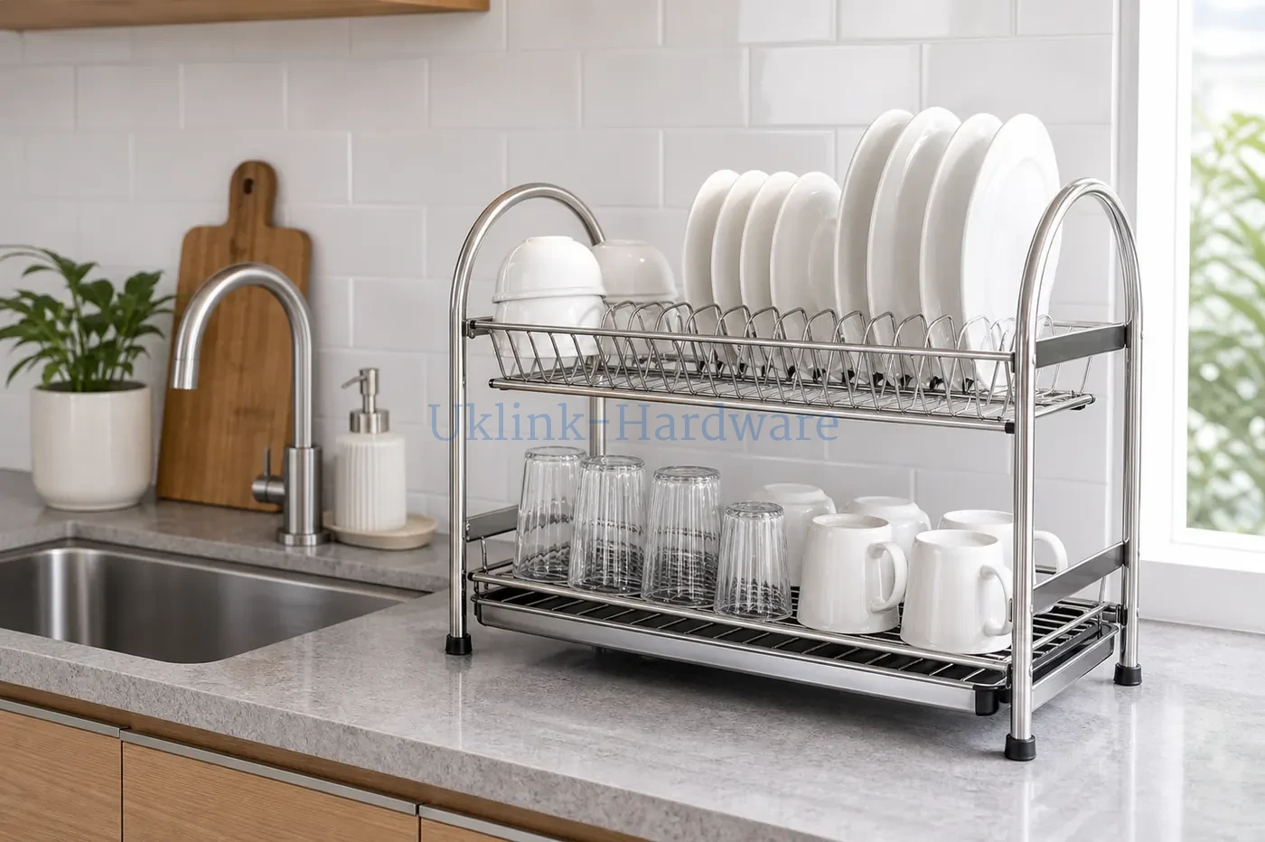 Two tier stainless steel dish rack used beside kitchen sink