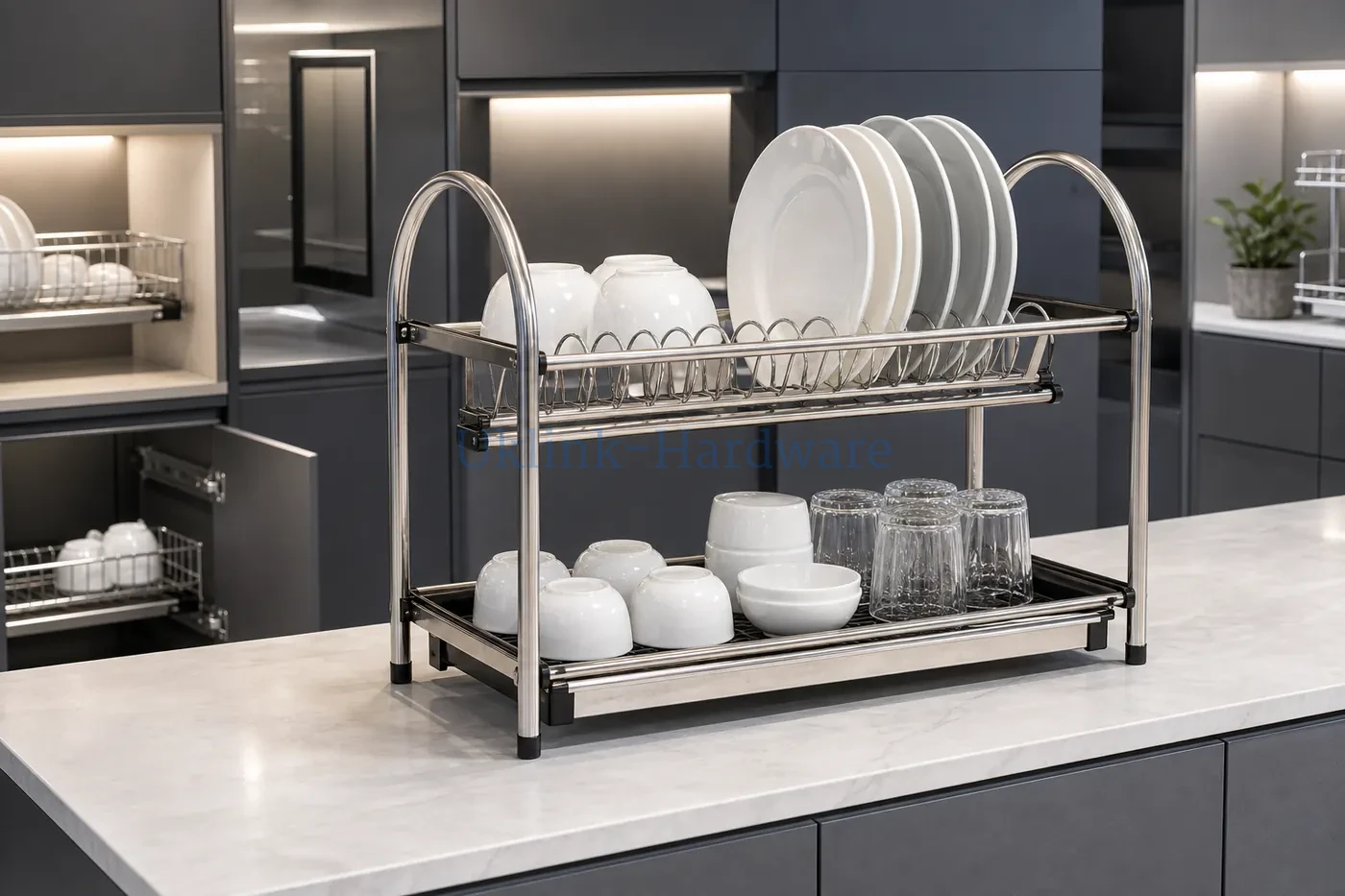 Two tier stainless steel dish rack showroom application for kitchen hardware distributors